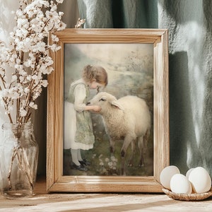 Little Shepherdess | Cottagecore Wall Art, Moody Farmhouse Art, Vintage Painting Print, Light Academia Decor, Farm Animal Art, Easter Decor