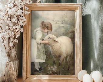 Little Shepherdess | Cottagecore Wall Art, Moody Farmhouse Art, Vintage Painting Print, Light Academia Decor, Farm Animal Art, Easter Decor