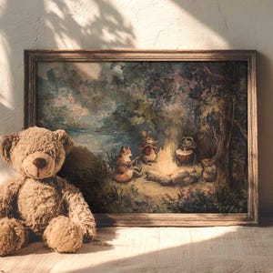 Lámina artística de animales del bosque alrededor de una fogata / Habitación infantil estilo cottagecore (Descarga digital)