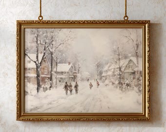 Vintage Christmas Town Oil Painting Print | Snowy Winter Village (Digital Download)