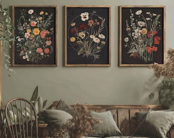 Set of 3 Dark Botanical Flower Prints | Cottagecore Decor, Moody Floral Art, Nature Wall Art, Vintage Gallery Wall Set, Gothic Home Decor