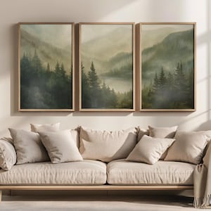 3er-Set Misty Forest Prints | Natur Wand Kunst, Triptychon Galerie-Wand-Set, 3-teilige Wandkunst, dunkelgrüne Kunstdrucke, Wald Kinderzimmer Drucke