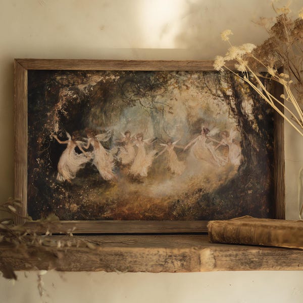 Fairy Dance | Moody Fairytale Aesthetic, Dark Academia Prints, Antique Home Decor, Cottagecore Wall Art, Woodland Fairies Painting