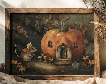 Mouse & Pumpkin House Fall Print | Whimsical Cottagecore Art (Digital Download)