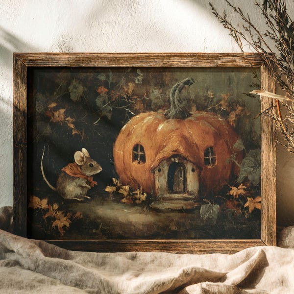 Mouse & Pumpkin House Fall Print | Whimsical Cottagecore Art (Digital Download)