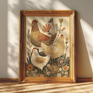 Folk Chickens | Whimsical Cottagecore Wall Decor, Rustic Farm Animal Print, Country Kitchen Illustration, Vintage Hen Wall Art