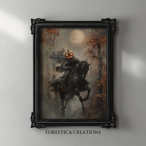 Pumpkin Rider | Dark Moody Artwork, Halloween Prints, Goth Witch Home Decor, Dark Academia, Gothic Home Decor, Oil Painting Aesthetic