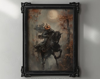 Pumpkin Rider | Dark Moody Artwork, Halloween Prints, Goth Witch Home Decor, Dark Academia, Gothic Home Decor, Oil Painting Aesthetic