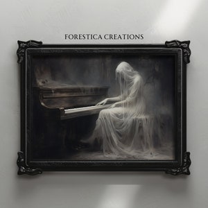 Ghost Pianist | Halloween Prints, Gothic Wall Art, Goth Decor, Dark Oil Painting, Dark Academia Prints, Spooky Horror Art, Macabre Wall Art