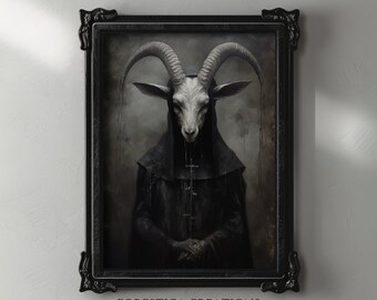 Ram Priest | Halloween Prints, Gothic Wall Art, Goth Room Decor, Dark Oil Painting, Spooky Horror Art, Macabre Wall Art, Electic Whimsigoth