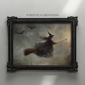 Vintage-inspired artwork featuring a witch flying on a broomstick against a moody sky, perfect for Halloween and dark academia decor.
