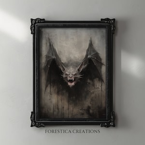 Monster Bat | Halloween Prints, Goth Cottagecore, Gothic Wall Art, Dark Oil Painting, Spooky Horror Art, Macabre Wall Art, Vintage Aesthetic