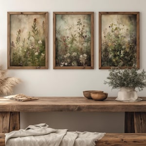 Set of 3 Botanical Prints | Cottagecore Decor, Moody Floral Wall Art, Nature Aesthetic, Vintage Gallery Set, Antique Flowers Paintings