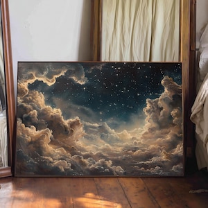 Chmury w nocy | Vintage Celestial Wall Art, Dark Academia Decor, Moody Night Sky Art, Estetyka malarstwa olejnego, Wydruk artystyczny Whimsigoth