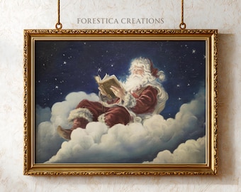 Santa Reading on Cloud: Vintage Christmas Print (Digital Download)