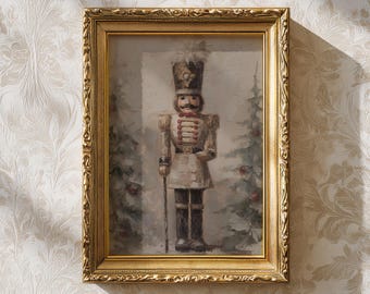 Nutcracker | Christmas Prints, Winter Home Decor, Vintage Farmhouse Decor, Oil Painting Aesthetic, Snowy Wall Art, Neutral Christmas Artwork