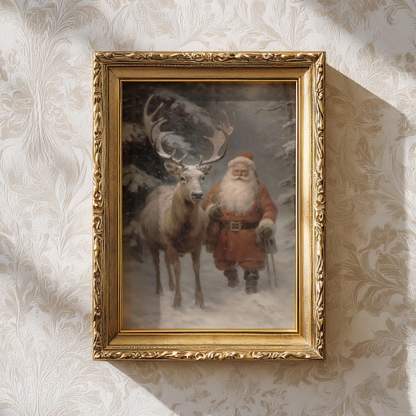 Compañero de Papá Noel / Láminas navideñas, Estética de pintura al óleo, Decoración de habitaciones invernales, Estética nevada, Láminas vintage de Yule, Láminas de Dark Academia