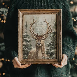 Christmas Reindeer | Winter Home Decor, Retro Art Print, Painting Aesthetic, Vintage Yule Prints, Dark Academia Wall Art, Cottage Christmas