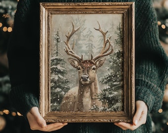 Christmas Reindeer | Winter Home Decor, Retro Art Print, Painting Aesthetic, Vintage Yule Prints, Dark Academia Wall Art, Cottage Christmas