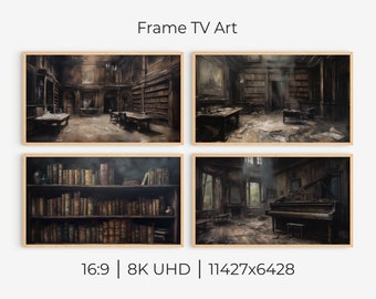 May include: A digital art print of a dark, dusty, and abandoned library with bookshelves, a piano, and a window. The print is framed in a light wood frame. The image is 11427x6428 pixels and is 8K UHD.