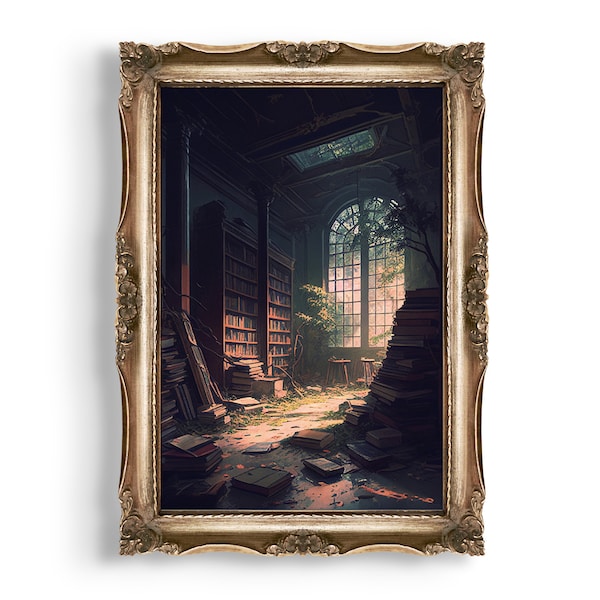 Abandoned Victorian Library | Dark Academia Decor, Victorian Room Decor, Goth Cottagecore, Vintage Wall Art, Bookish Oil Painting Print
