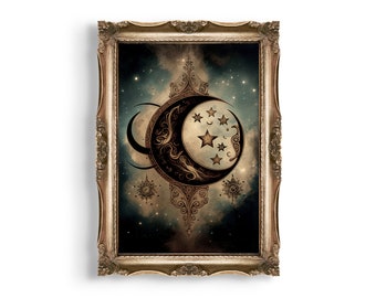 Moon Crescent Tarot Painting Print | Celestial Dark Academia (Digital Download)