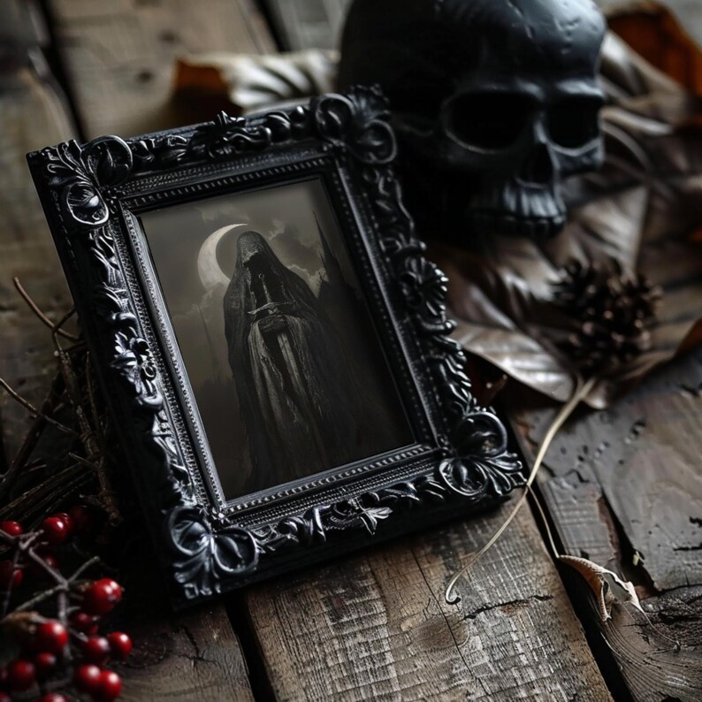 Detailed cloaked warrior artwork, suitable for enhancing gothic home decor and Halloween decor setups.