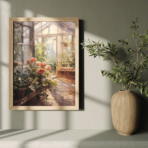 May include: A painting of a greenhouse with a wooden bench and a window. The greenhouse is filled with plants, including a large bush of red flowers.