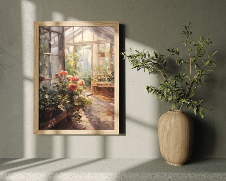 May include: A painting of a greenhouse with a wooden bench and a window. The greenhouse is filled with plants, including a large bush of red flowers.