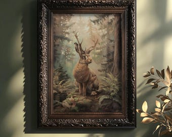 Jackalope | Mythology Folklore Print, Cottagecore Decor, Fairy Wall Art, Fairytale Aesthetic, Moody Painting Print, Whimsical Vintage Art