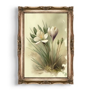 Crocus | Vintage Cottagecore Aesthetic, Oil Painting Print, Botanical Decor, Floral Wall Art, Light Academia Printable, Coquette Room Decor