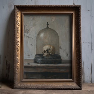 Antique-style oil painting print of a gothic skull, embodying a dark Victorian aesthetic for home decor.