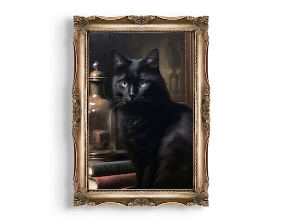 Black Cat Oil Painting: Gothic Dark Academia Decor (digital