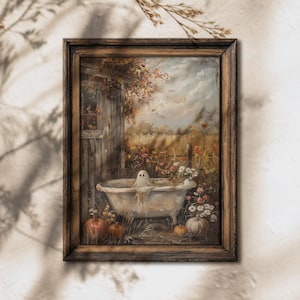 Fantasma en la bañera / Láminas de Halloween, Arte cottagecore, Arte mural espeluznante, Decoración otoñal, Estética de pintura al óleo, Obras de arte fantasmales