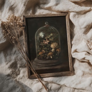 May include: A framed painting of a glass dome with mushrooms and greenery inside. The dome is on a wooden base and the background is dark.