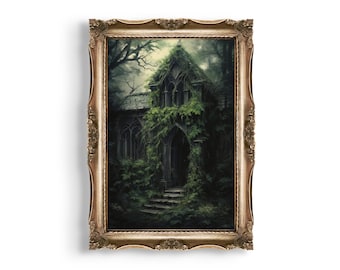 Abandoned Gothic Cathedral | Goth Cottagecore, Dark Academia Prints, Moody Oil Painting, Gothic Home Decor, Dark Green Art, Whimsigoth Decor