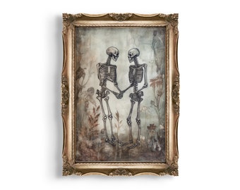 Amanti degli scheletri / Arredamento per la casa in stile cottagecore scuro, Dark Academia, Arte murale con teschi gotici, Decorazioni floreali gotiche, Dipinti a olio scuri, Estetica vintage