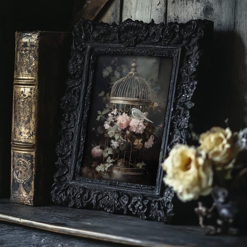 May include: A black framed picture with a white bird in a cage surrounded by pink flowers. The picture is on a dark wooden shelf with a book to the left.