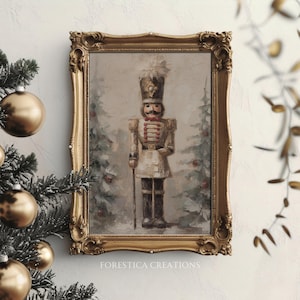 Nutcracker | Christmas Prints, Winter Home Decor, Vintage Farmhouse Decor, Oil Painting Aesthetic, Snowy Wall Art, Neutral Christmas Artwork