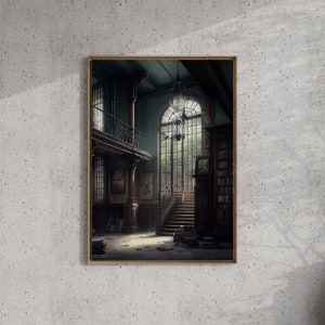 May include: A framed print of a dark, grand, and empty hallway with a large window at the end. The hallway has a wooden staircase leading up to a balcony. The window is framed by a stone archway and looks out onto a lush green garden.