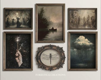 Set van 6 donkere prints | Dark Academia-decor, humeurige kunstafdrukken, galerijmuurset, gotische heks kunst aan de muur, vintage esthetiek, goth kamerdecor