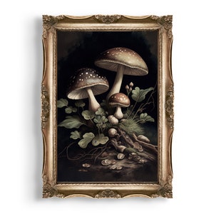 Woodland Mushrooms | Dark Cottagecore Print, Witchy Wall Art, Goblincore Aesthetic Oil Painting, Dark Moody Vintage Poster, Botanical Decor