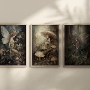 May include: Three framed art prints featuring ethereal fairy illustrations. The artwork depicts fairies in a forest setting with mushrooms and foliage. The color palette includes greens, browns, and soft lighting, creating a whimsical and fantasy theme.