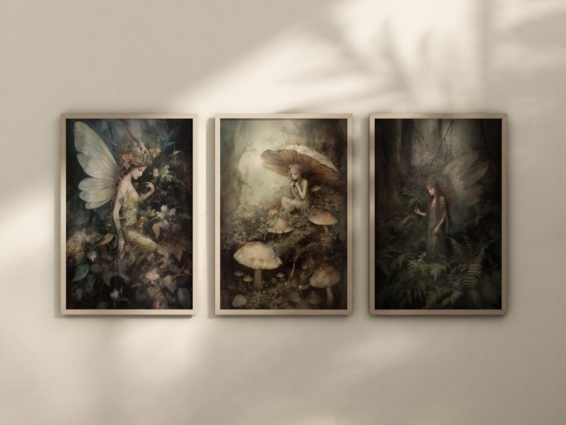 May include: Three framed art prints featuring ethereal fairy illustrations. The artwork depicts fairies in a forest setting with mushrooms and foliage. The color palette includes greens, browns, and soft lighting, creating a whimsical and fantasy theme.