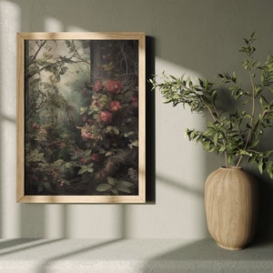 Secret Garden | Dark Cottagecore, Dark Academia Art, Vintage Floral Painting, Botanical Prints, Witch Room Decor, Dark Green Aesthetic image 5