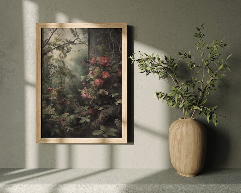 Secret Garden | Dark Cottagecore, Dark Academia Art, Vintage Floral Painting, Botanical Prints, Witch Room Decor, Dark Green Aesthetic image 5