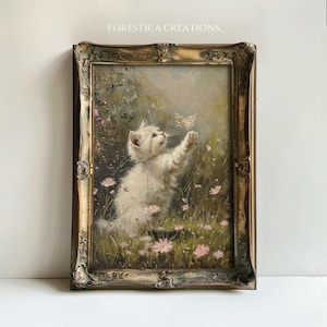 Cat & Butterfly | Cottagecore Prints, Spring Home Decor, Vintage Aesthetic, Eclectic Decor, Maximalist Wall Art, Rustic Farmhouse Art Print