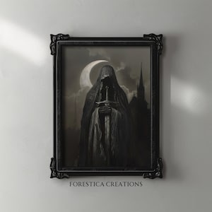 Gothic wall decor featuring a cloaked warrior under a crescent moon, perfect for dark moody art lovers and creepy aesthetic enthusiasts. Perfect artwork for a Halloween gallery display.