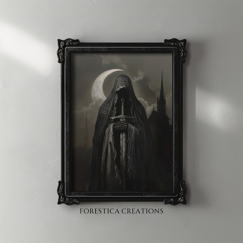Gothic wall decor featuring a cloaked warrior under a crescent moon, perfect for dark moody art lovers and creepy aesthetic enthusiasts. Perfect artwork for a Halloween gallery display.