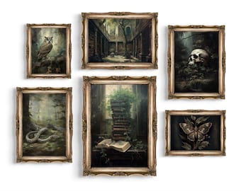 May include: Five framed paintings with a dark, moody aesthetic. The paintings depict a forest scene with a snake, a library courtyard, a skull in a forest, an owl perched on a branch, and a butterfly on a leaf.